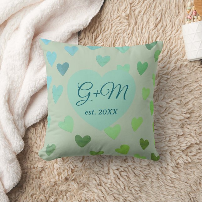Monogram sage green blue retro boho hearts pattern cushion (Blanket)