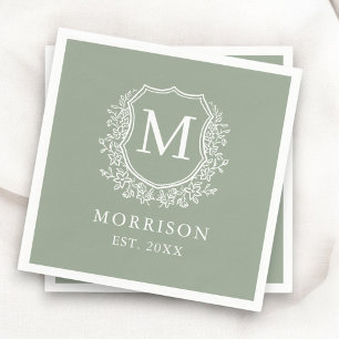 Monogram Sage Green Crest Botanical Wedding  Napkin