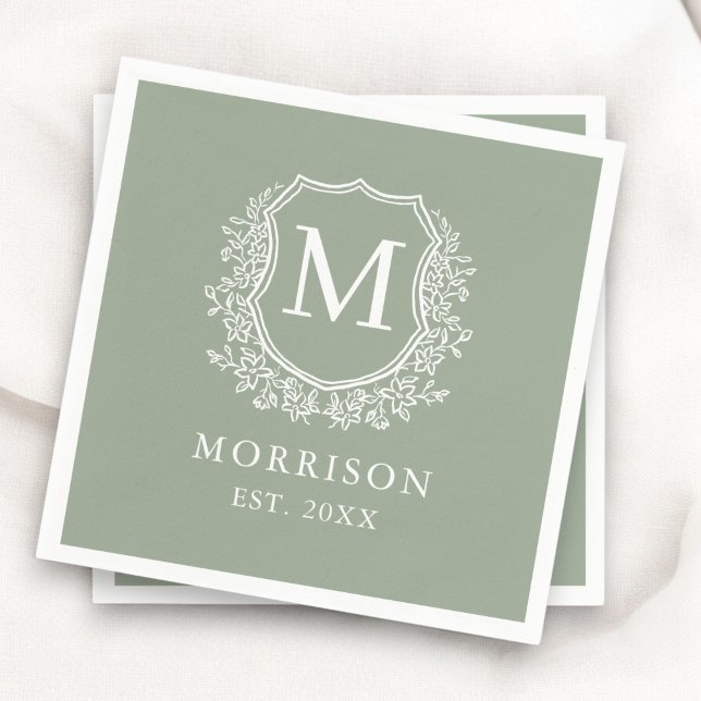 Monogram Sage Green Crest Botanical Wedding  Napkin (Creator Uploaded)