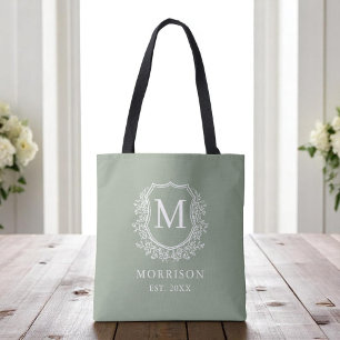 Monogram Sage Green Crest Botanical Wedding  Tote Bag