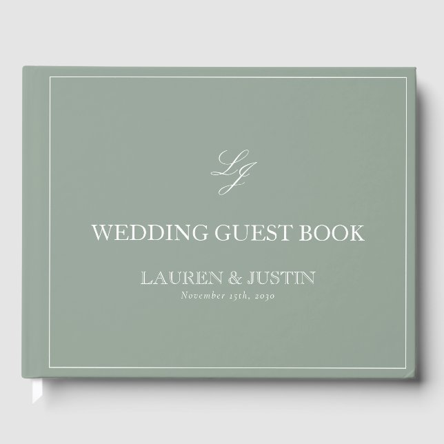 Monogram Sage Green Elegant Calligraphy Wedding Guest Book (Front)