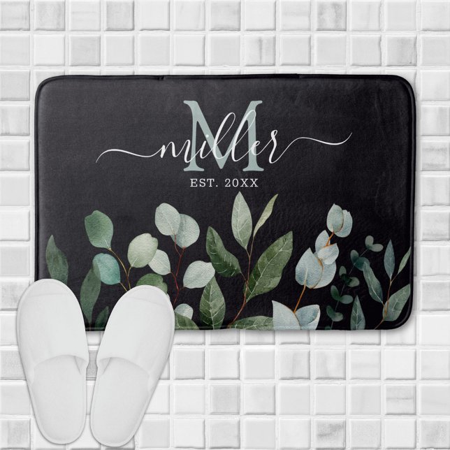 Monogram Sage Green Eucalyptus Greenery Leaves   Bath Mat (In situ)