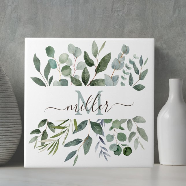 Monogram Sage Green Eucalyptus Greenery Leaves   Ceramic Tile (In situ)