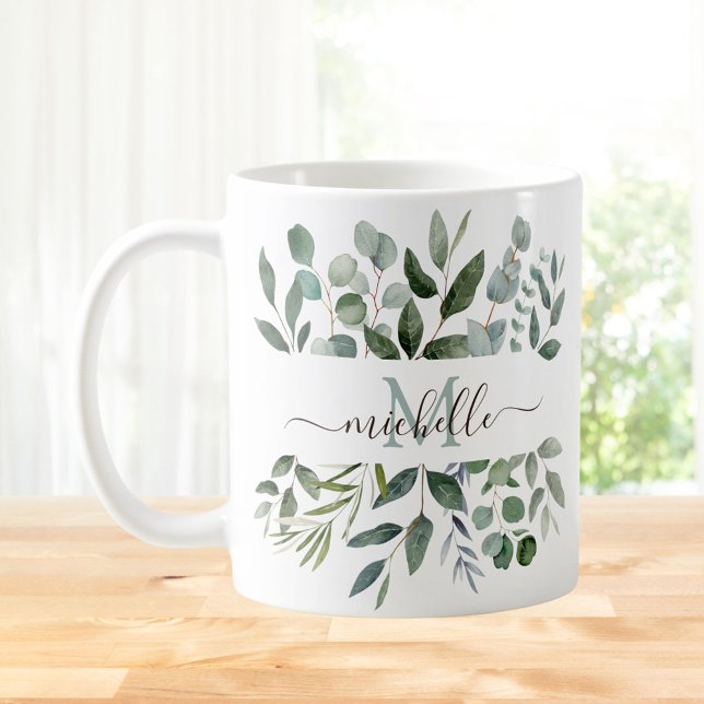 Monogram Sage Green Eucalyptus Greenery Leaves   Coffee Mug (In situ)