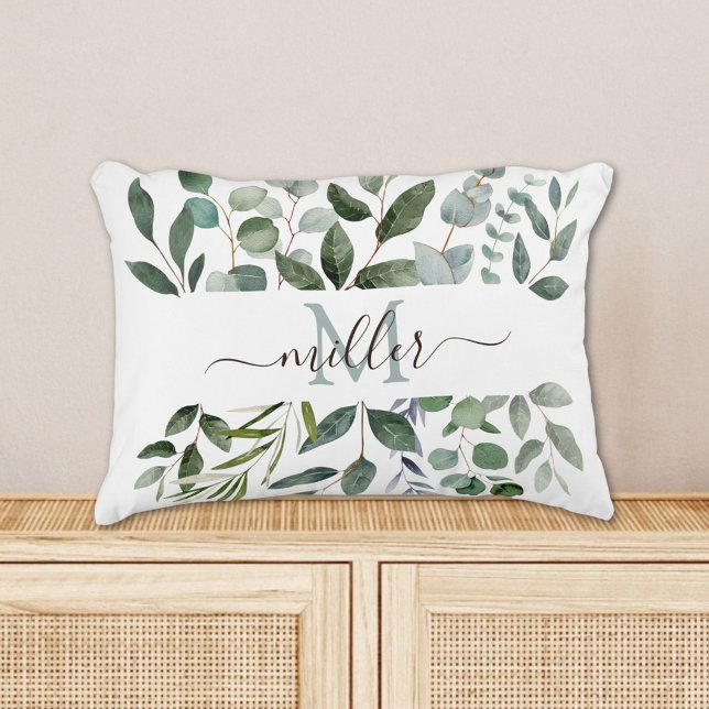Monogram Sage Green Eucalyptus Greenery Leaves   Decorative Cushion (In situ)