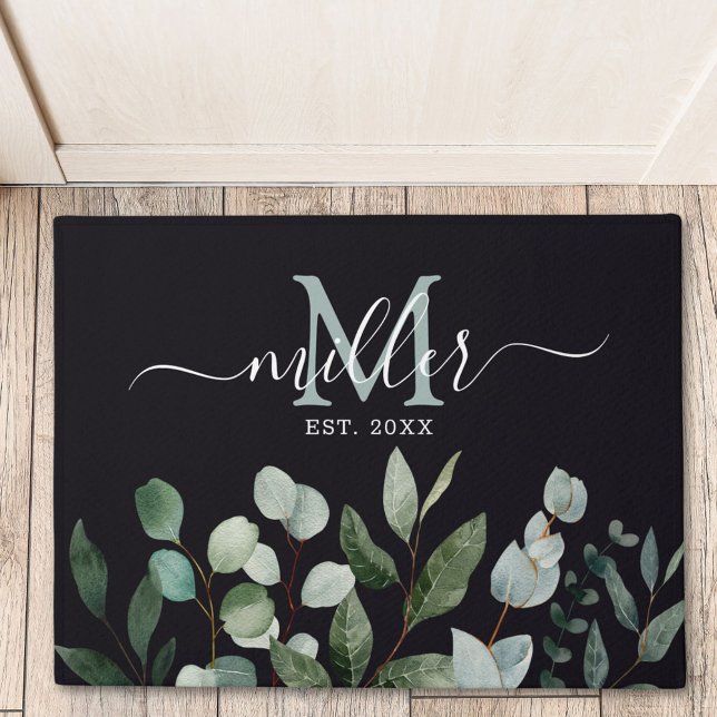 Monogram Sage Green Eucalyptus Greenery Leaves   Doormat (In situ)