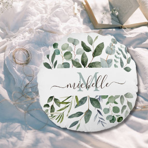 Monogram Sage Green Eucalyptus Greenery Leaves   Round Cushion