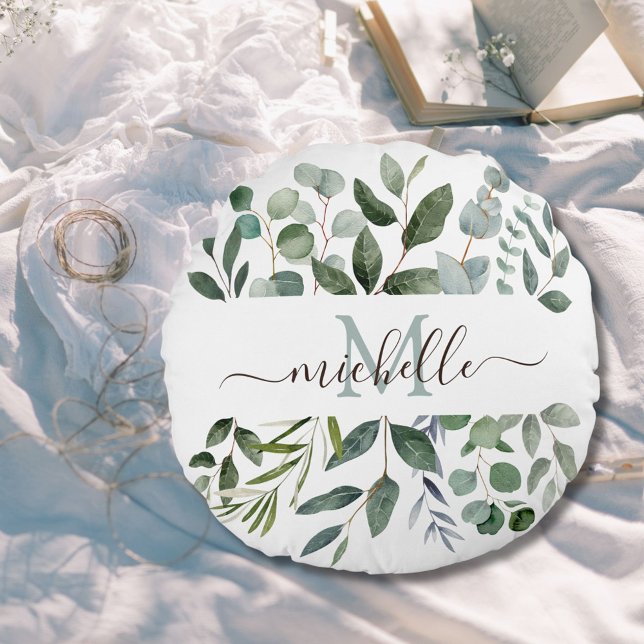 Monogram Sage Green Eucalyptus Greenery Leaves   Round Cushion (In situ)
