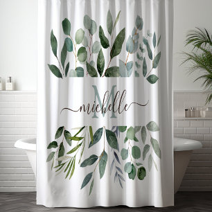 Monogram Sage Green Eucalyptus Greenery Leaves   Shower Curtain