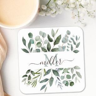 Monogram Sage Green Eucalyptus Greenery Leaves   Square Paper Coaster