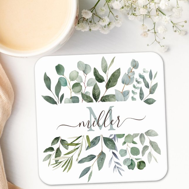Monogram Sage Green Eucalyptus Greenery Leaves   Square Paper Coaster (In situ)