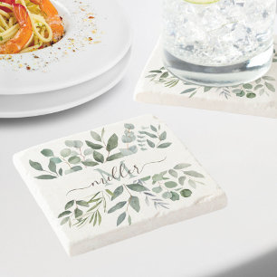 Monogram Sage Green Eucalyptus Greenery Leaves   Stone Coaster