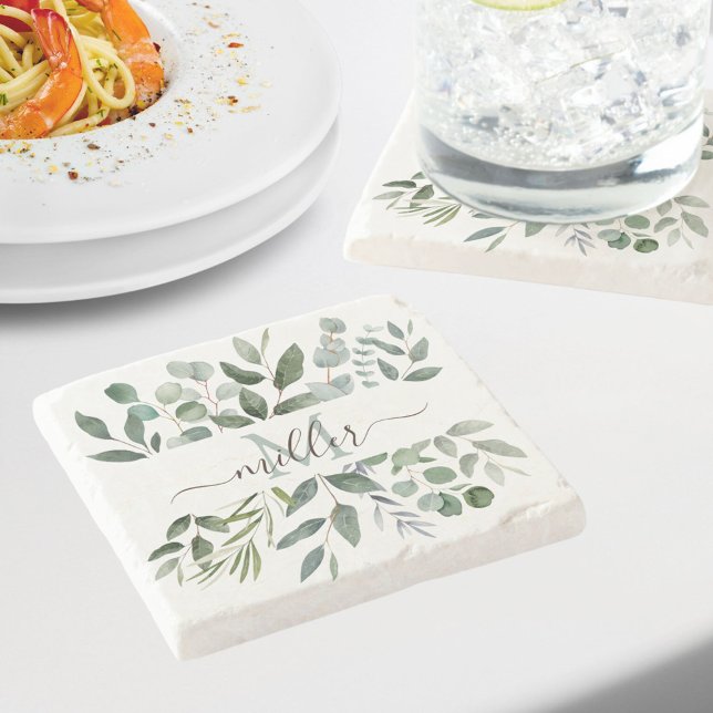 Monogram Sage Green Eucalyptus Greenery Leaves   Stone Coaster (In situ)