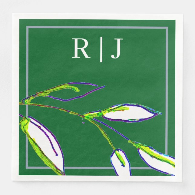 Monogram Sage Green Leaf Art Dusty Blue Wedding Napkin (Front)