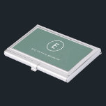 Monogram Sage Green Minimal Simple Modern Scandi Business Card Holder<br><div class="desc">A simple monogram design with modern typography in white on a sage green background. The design features a single initial monogram with a minimalist round circle border. The text can easily be customised to suit your needs for the perfectly custom gift or stationery accessory!</div>