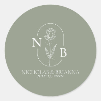 Monogram Sage Green Minimalist Boho Wedding  Classic Round Sticker