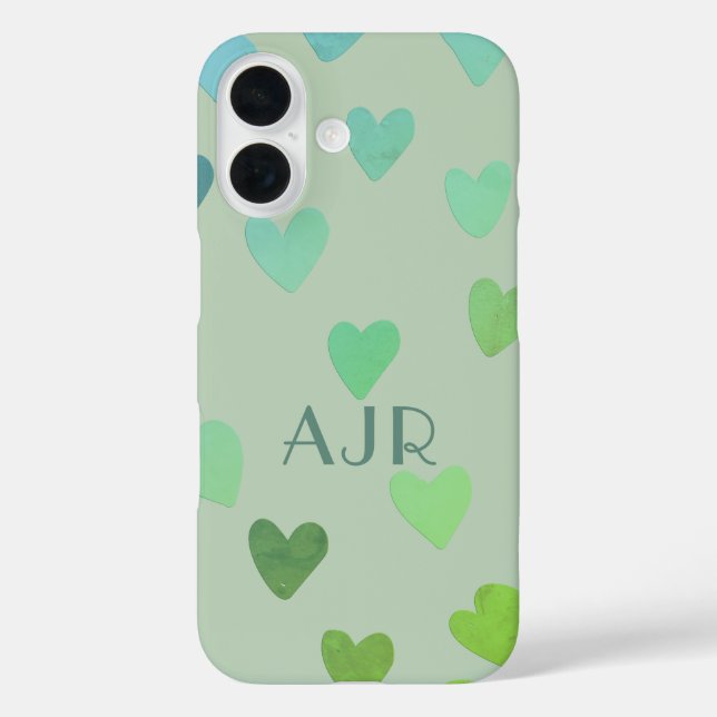 Monogram sage green mint retro hearts pattern Case-Mate iPhone case (Back)