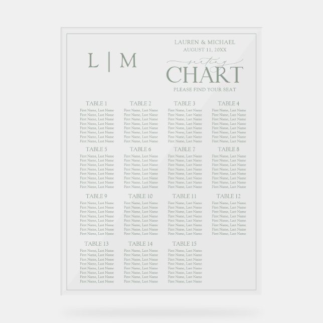 Monogram Sage Green Modern Wedding Seating Chart (Front)