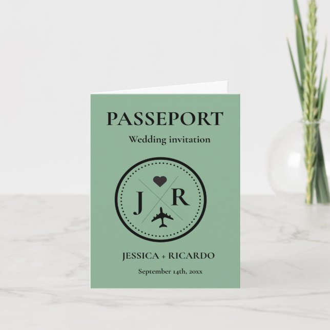 Monogram Sage Green passport Destination wedding  Invitation (Front)
