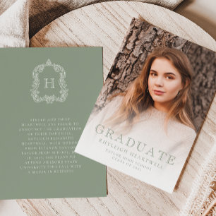 Monogram Sage Green Photo Graduation Announcement