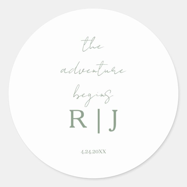 Monogram Sage Green Quote Adventure Begins Wedding Classic Round Sticker (Front)