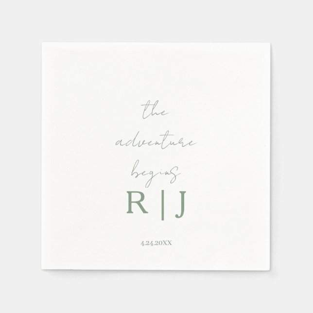 Monogram Sage Green Quote Adventure Begins Wedding Napkin (Front)