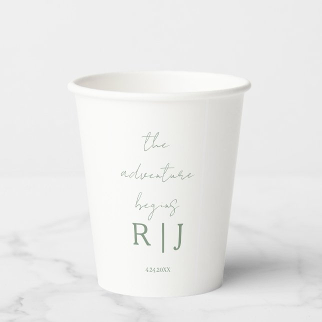 Monogram Sage Green Quote Adventure Begins Wedding Paper Cups (Front)