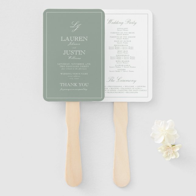 Monogram Sage Green Script Modern Wedding Program Hand Fan (Front and Back)