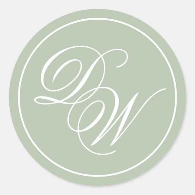 Monogram Sage Green Simple White Script 2 Initials Classic Round Sticker (Front)