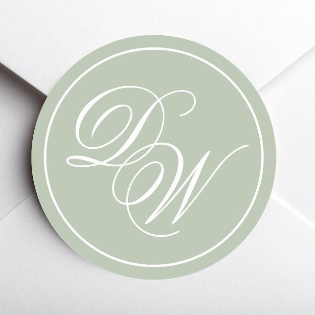Monogram Sage Green Simple White Script 2 Initials Classic Round Sticker (Creator Uploaded)