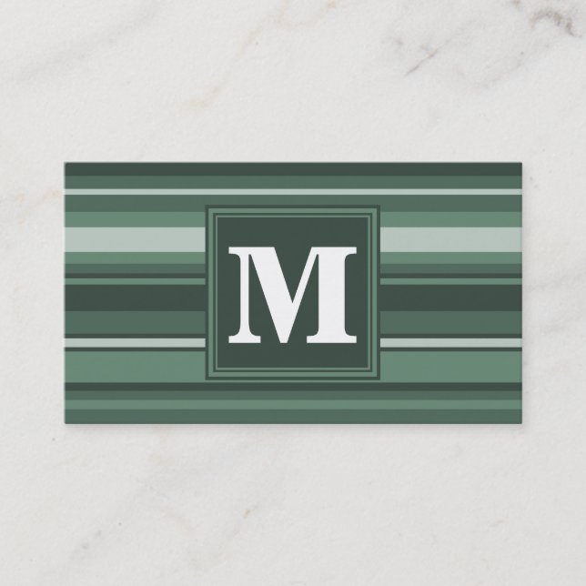 Monogram sage green stripes business card (Front)