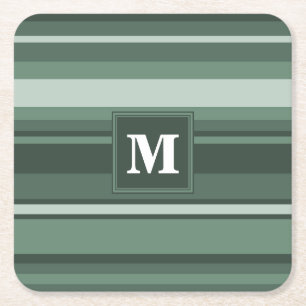 Monogram sage green stripes square paper coaster