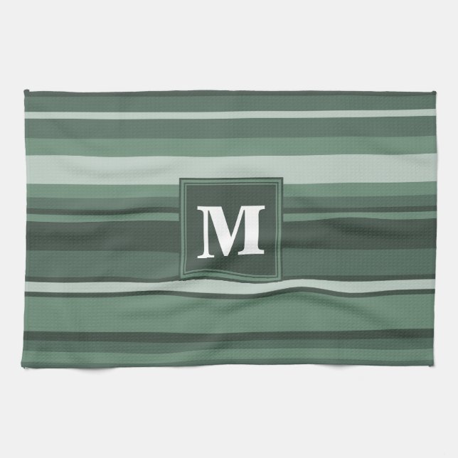 Monogram sage green stripes tea towel (Horizontal)