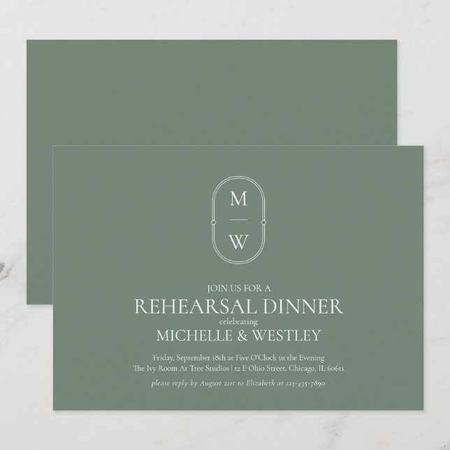 Monogram Sage Green Wedding Rehearsal Dinner Invitation (Front/Back)