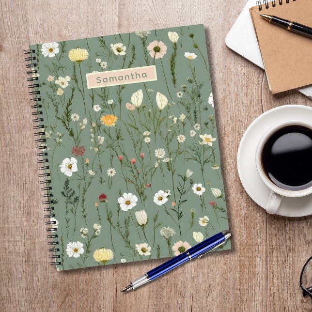 Monogram Sage Green Yellow White Wildflowers Boho Notebook (Sage Green Yellow White Wildflowers Floral Flowers Monogram Name Notebook Journal Sketchbook)