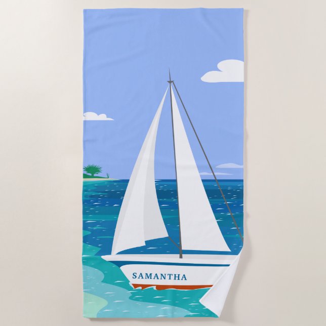 Monogram Sailboat Coastal Seaview Beach Towel (Front)