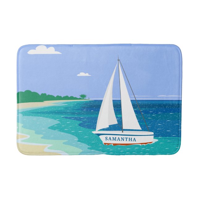 Monogram Sailboat Coastal Tropical Beach Bath Mat (Front)