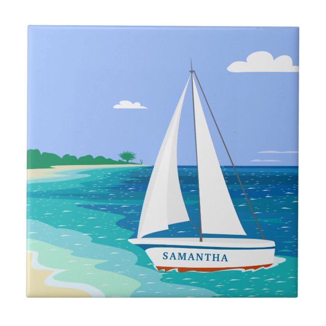 Monogram Sailboat Coastal Tropical Ceramic Tile (Front)