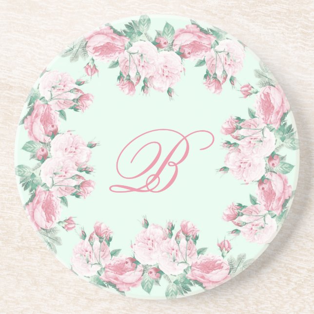 Monogram Sandstone coaster Floral roses Custom (Front)