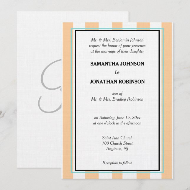 Monogram Sandy Beach Blue White Cabana Stripes  Invitation (Front/Back)