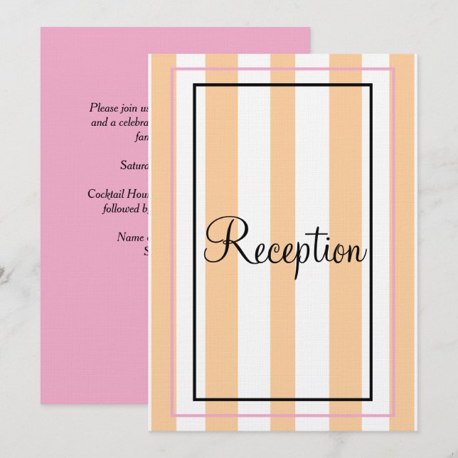 Monogram Sandy Beach White Stripes Pink Reception Invitation (Front/Back)