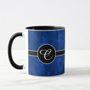 Monogram Sapphire Blue Abstract Feather Pattern Mug