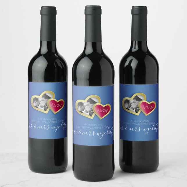 Monogram Sapphire Blue Ruby Red Valentine Photo Wine Label (Bottles)
