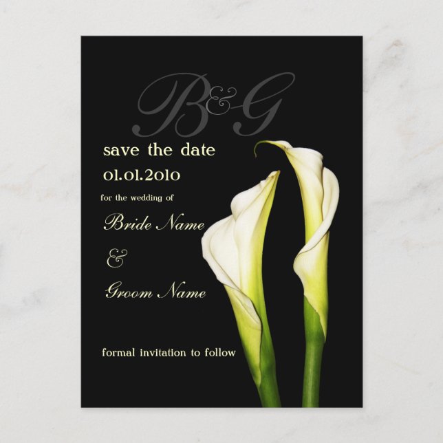 Monogram Save the Date, calla lily postcards (Front)