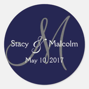 Monogram Save the Date Label Navy Blue