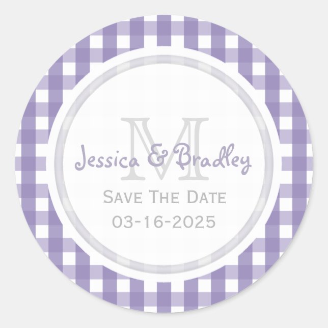 Monogram Save The Date Stickers Gingham PW (Front)
