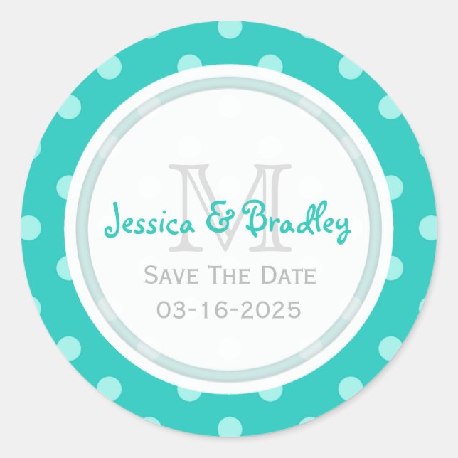 Monogram Save The Date Stickers PolkaDot BG (Front)
