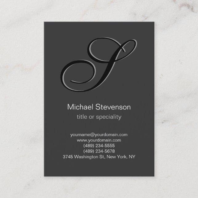 Monogram Script Black White Grey Business Card (Front)
