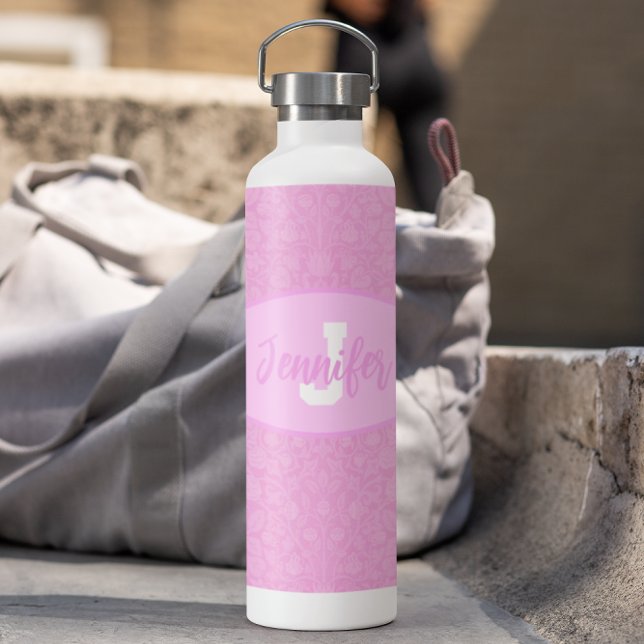 Monogram Script Blush Pink Blossoms Water Bottle (Creator Uploaded)