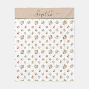Monogram Script Boho Pampas Grass Pink Beige Green Fleece Blanket